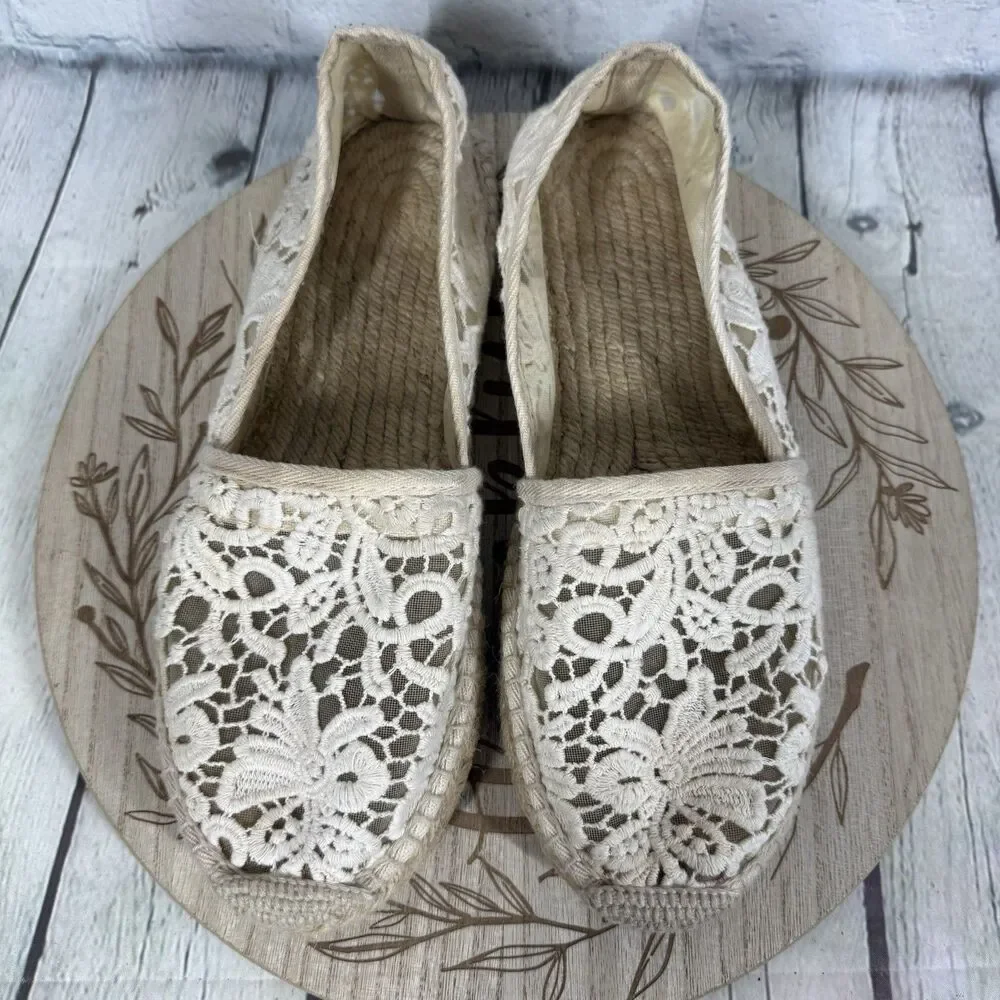 Tory Burch Crochet Lace Espadrilles Women 10.5 Ivory Boho Coastal Cottage Flats